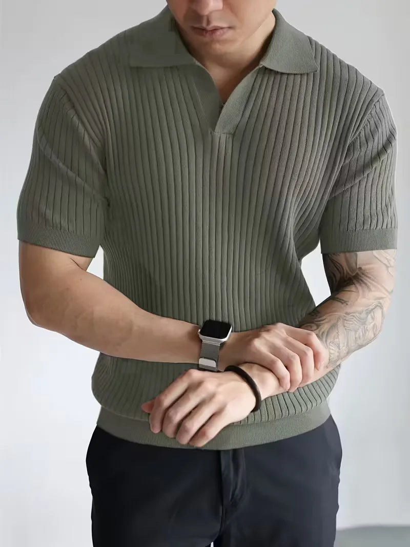 Polo with V-neck and ribbed texture