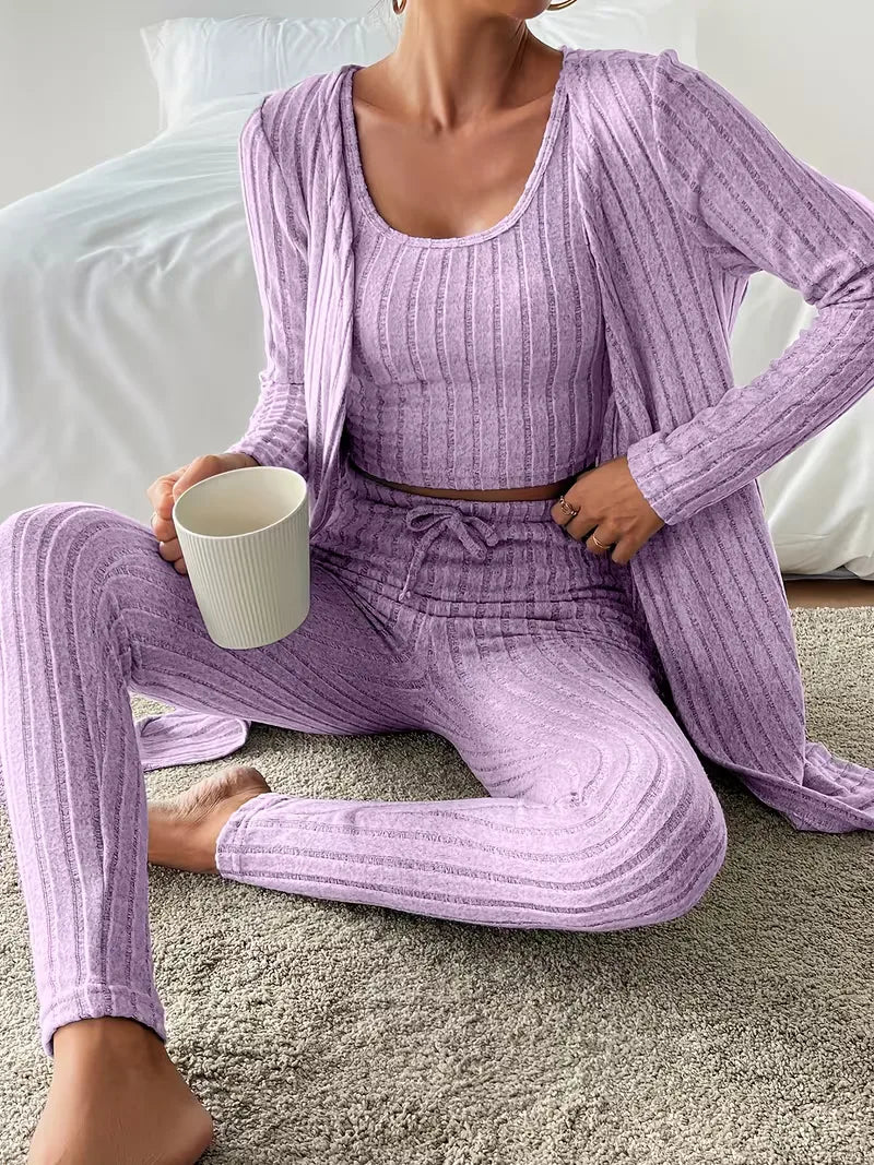 Three-piece set with cardigan