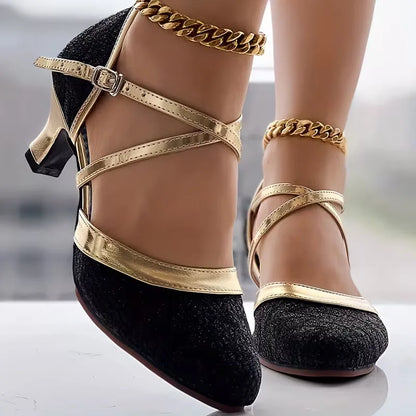 Block heels with golden accents