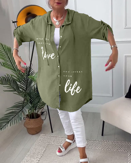 Hooded Blouse with Buttons and Letter Print