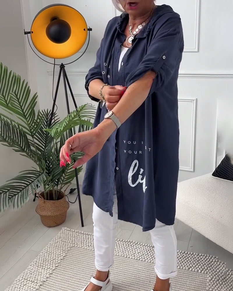 Hooded Blouse with Buttons and Letter Print