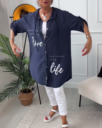 Hooded Blouse with Buttons and Letter Print