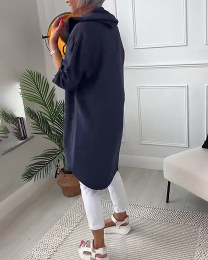 Hooded Blouse with Buttons and Letter Print