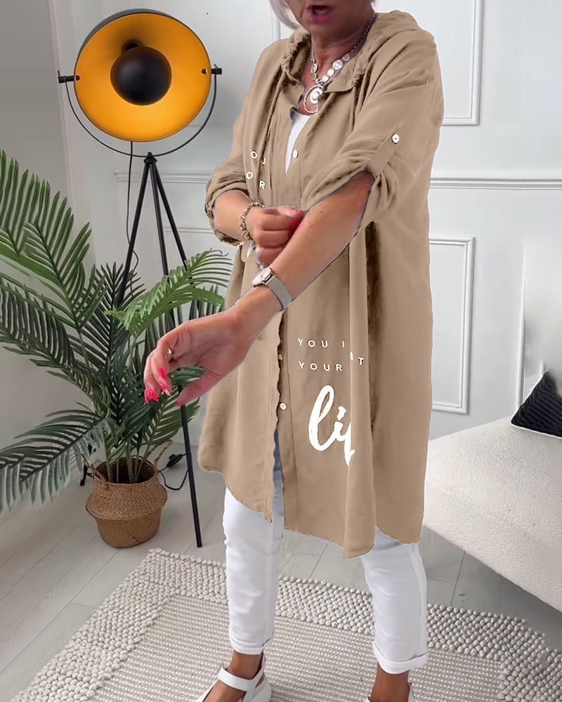 Hooded Blouse with Buttons and Letter Print