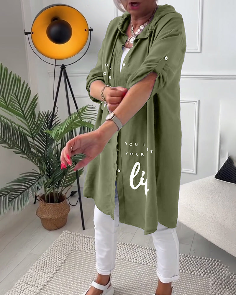 Hooded Blouse with Buttons and Letter Print
