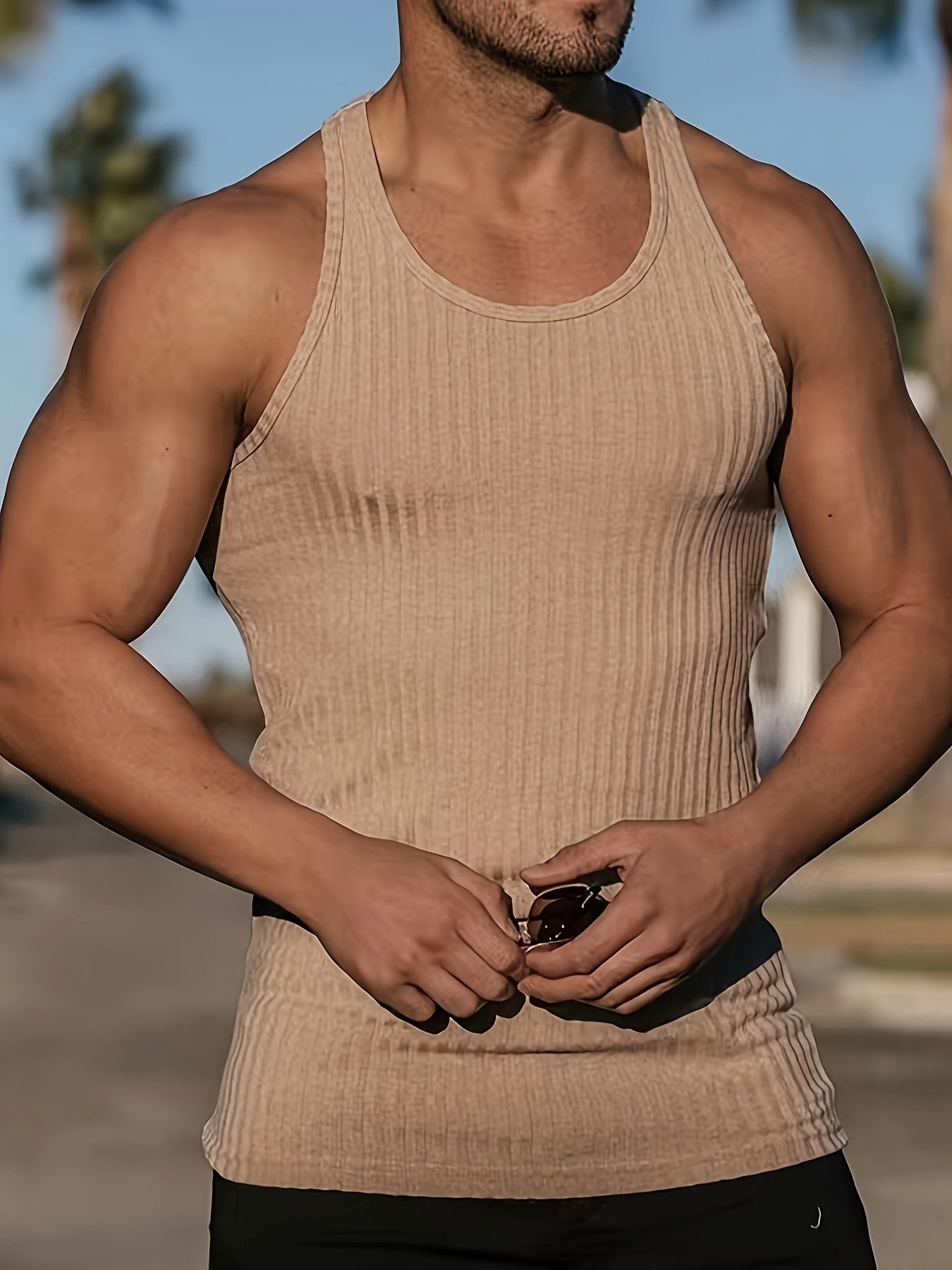 Bram | Plain Colour Stripe Pattern Knitted Round Neck Tank Top