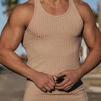 Bram | Plain Colour Stripe Pattern Knitted Round Neck Tank Top