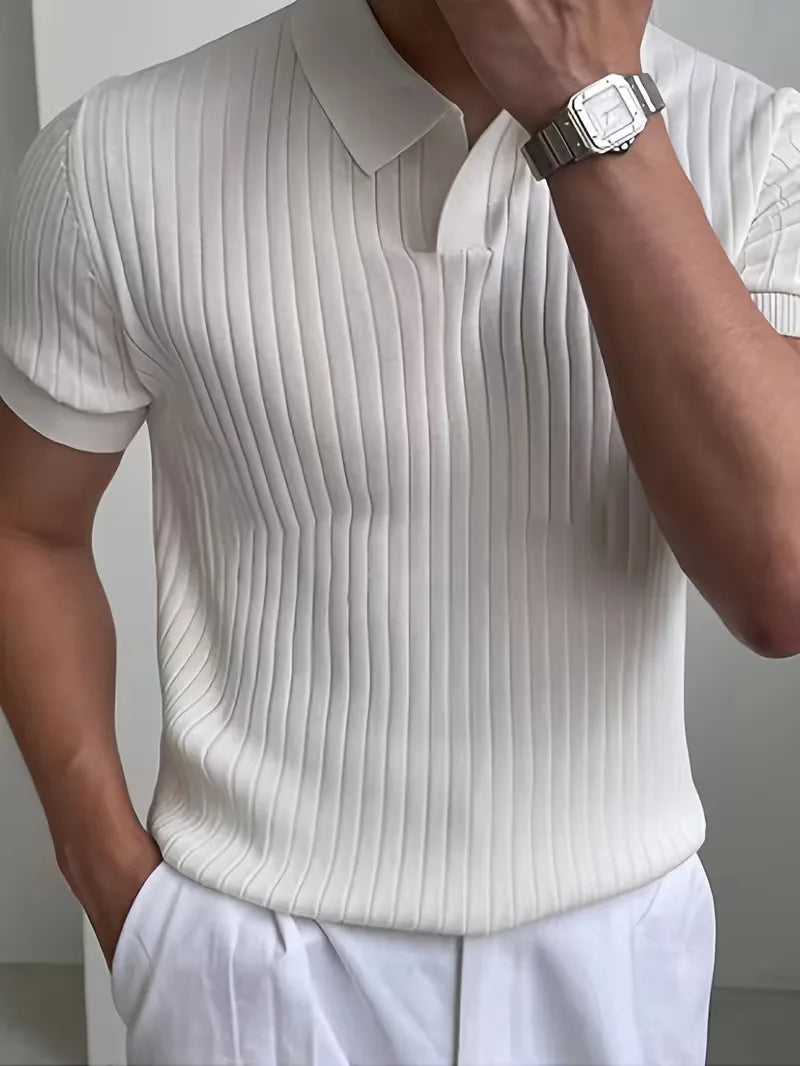 Polo with V-neck and ribbed texture