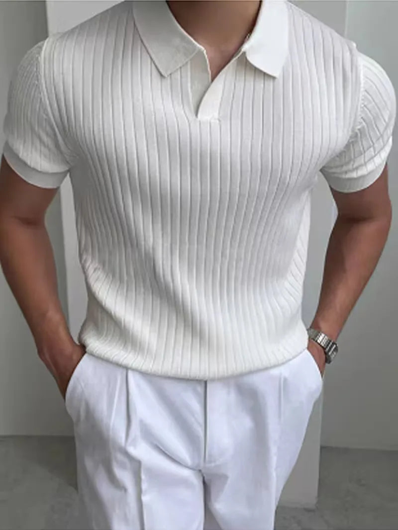 Polo with V-neck and ribbed texture