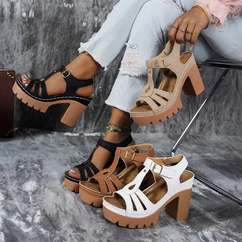 Heeled sandals with T-strap