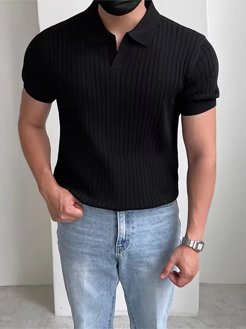 Polo with V-neck and ribbed texture