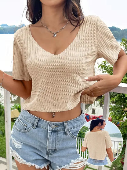 Beige crop top with V-neck