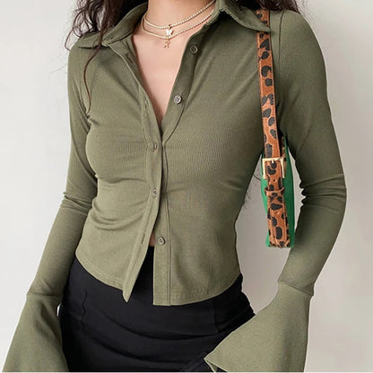 Women's Single-Breasted Bell Sleeve Blouse