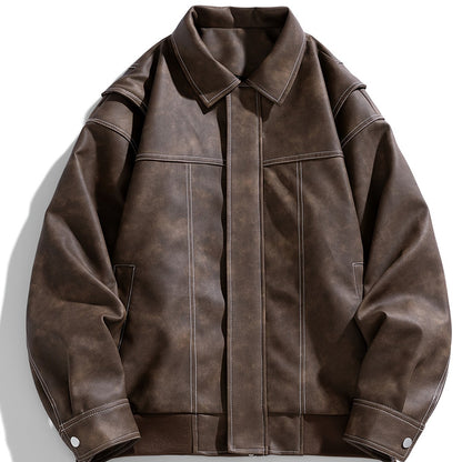 Cas | Men's Casual Faux Leather Jacket with Flap Collar & Pockets