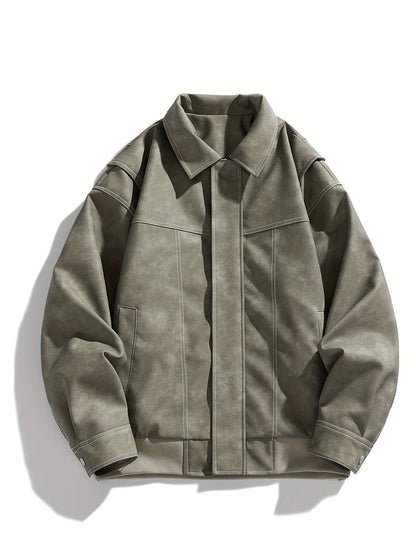 Cas | Men's Casual Faux Leather Jacket with Flap Collar & Pockets