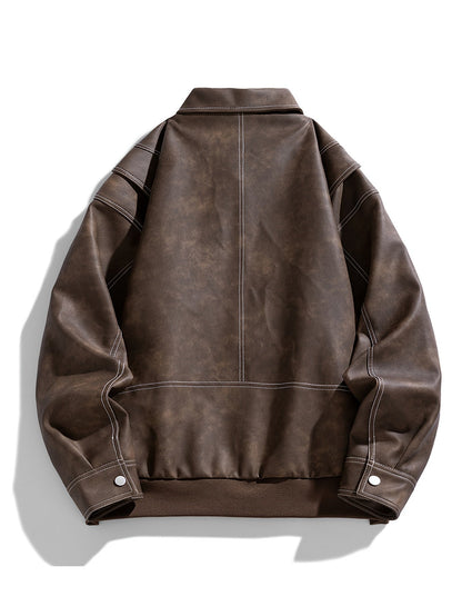 Cas | Men's Casual Faux Leather Jacket with Flap Collar & Pockets
