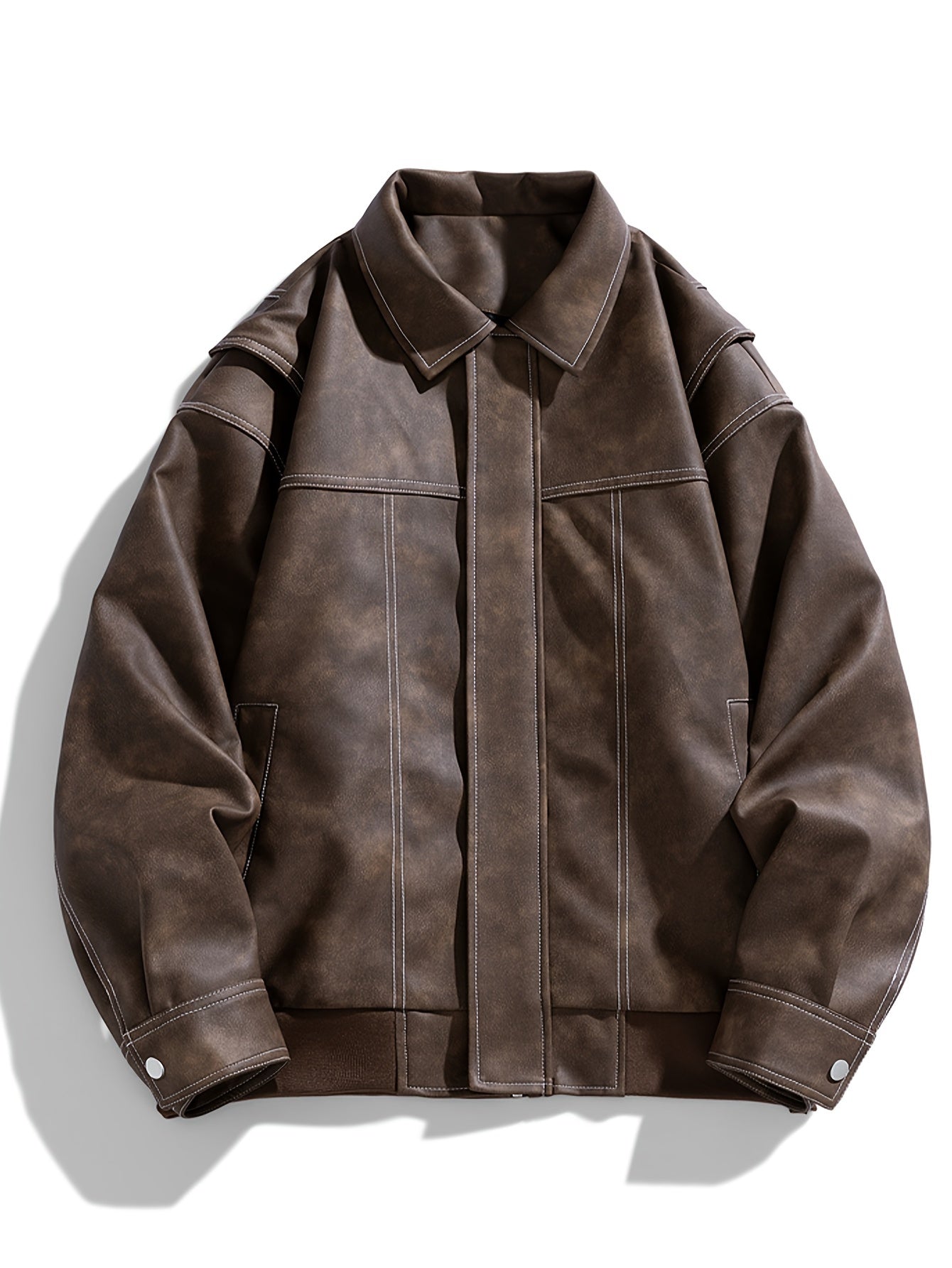 Cas | Men's Casual Faux Leather Jacket with Flap Collar & Pockets