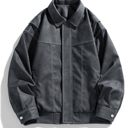 Cas | Men's Casual Faux Leather Jacket with Flap Collar & Pockets