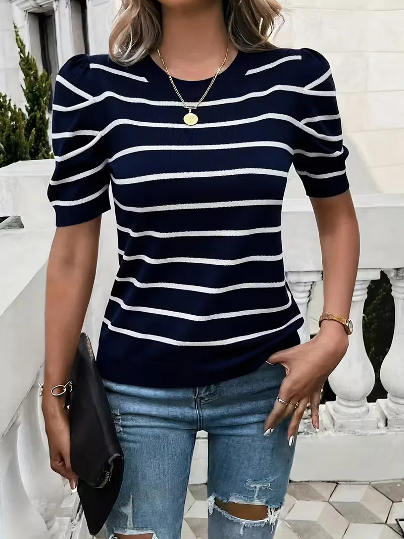 Ladies' T-shirt with Stripes and Puffed Sleeves