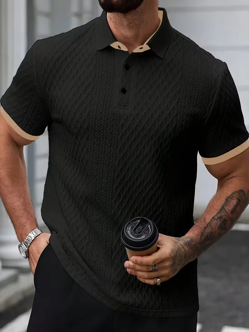 Polo with V-neck and jacquard pattern