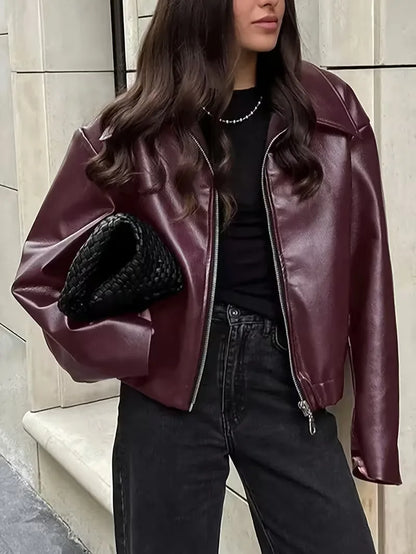 Leather jacket with wide collar