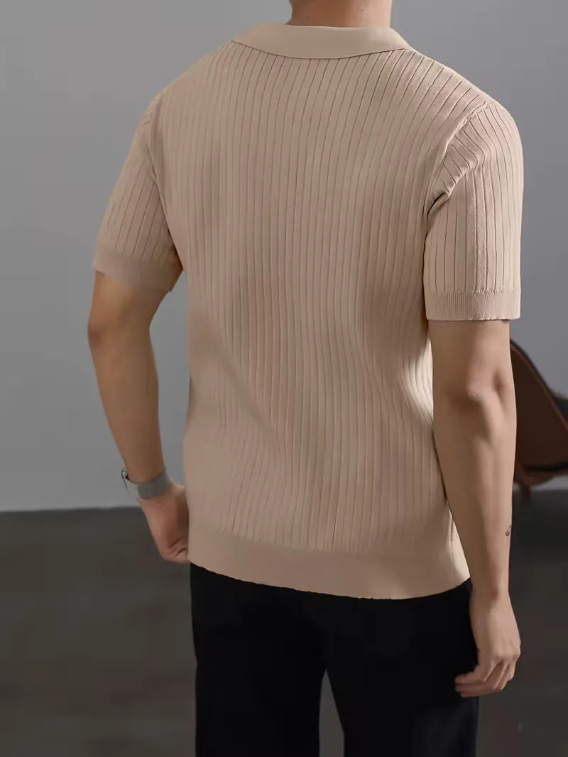 Polo with V-neck and ribbed texture
