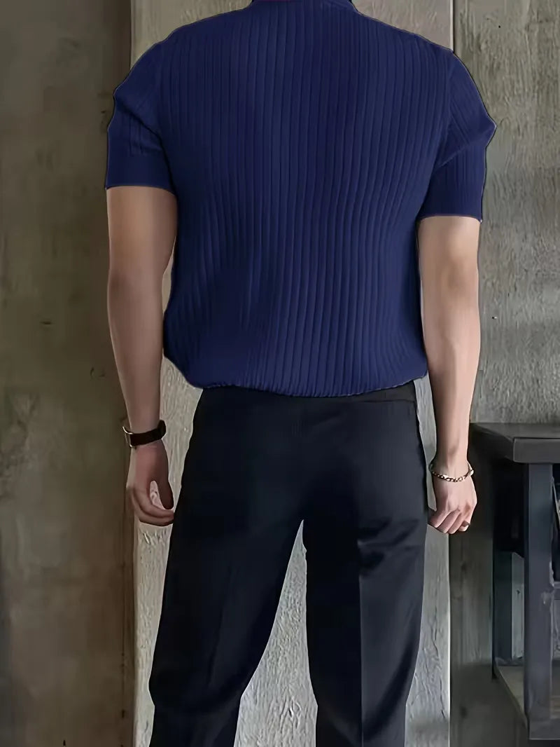 Polo with V-neck and ribbed texture