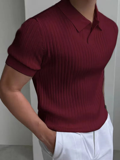 Polo with V-neck and ribbed texture