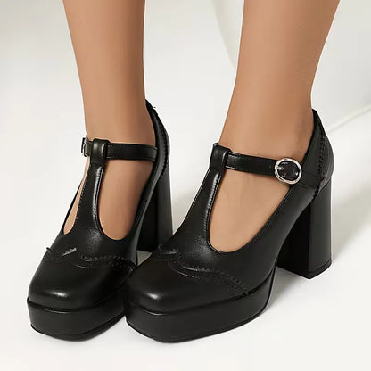 Block heel shoes with ankle strap