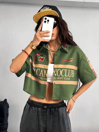 Cropped shirt with mandarin collar