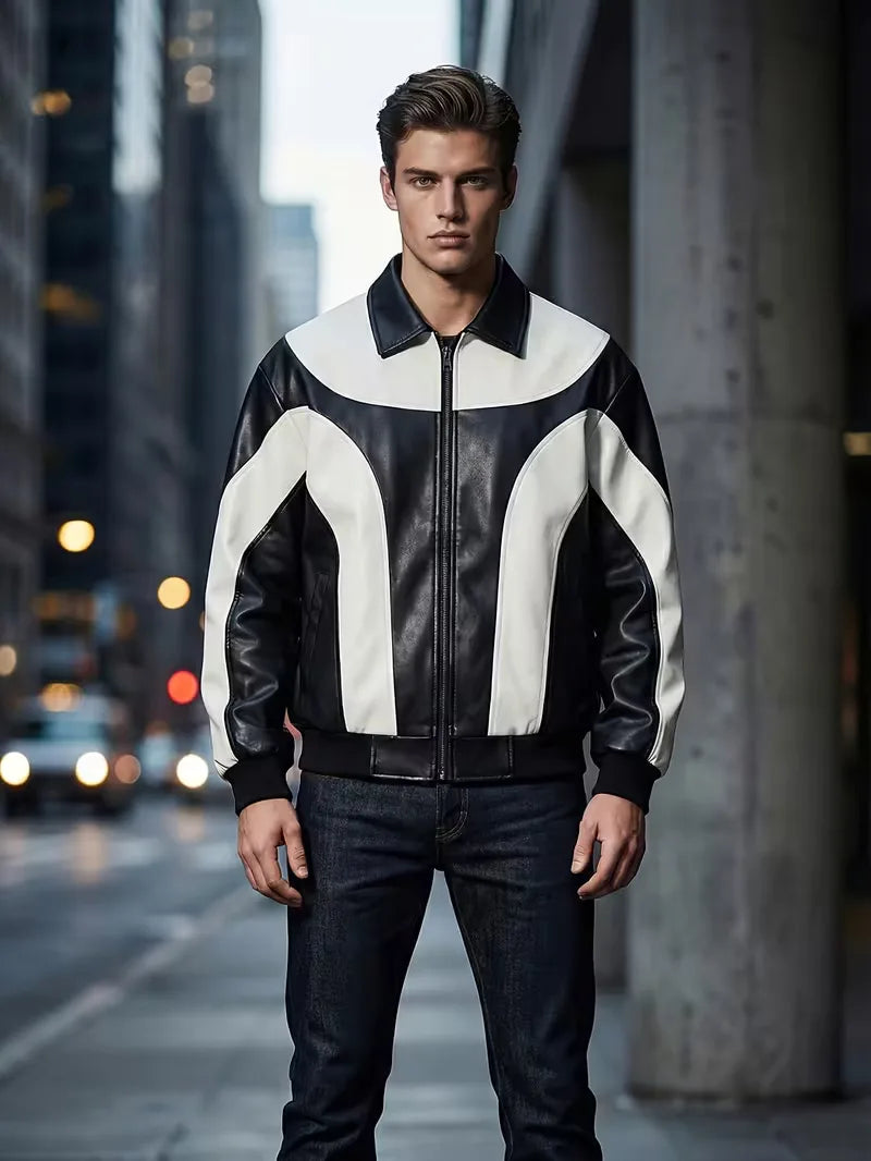 Leather jackets with colour block pattern