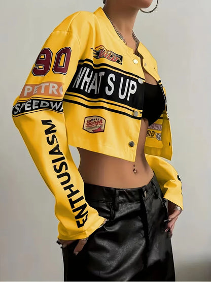 Bomber jacket with graphic text