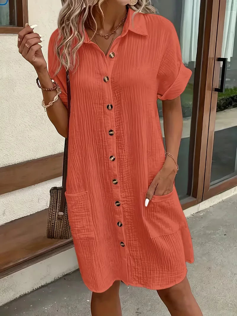 Shirt dress with V-neck and short sleeves