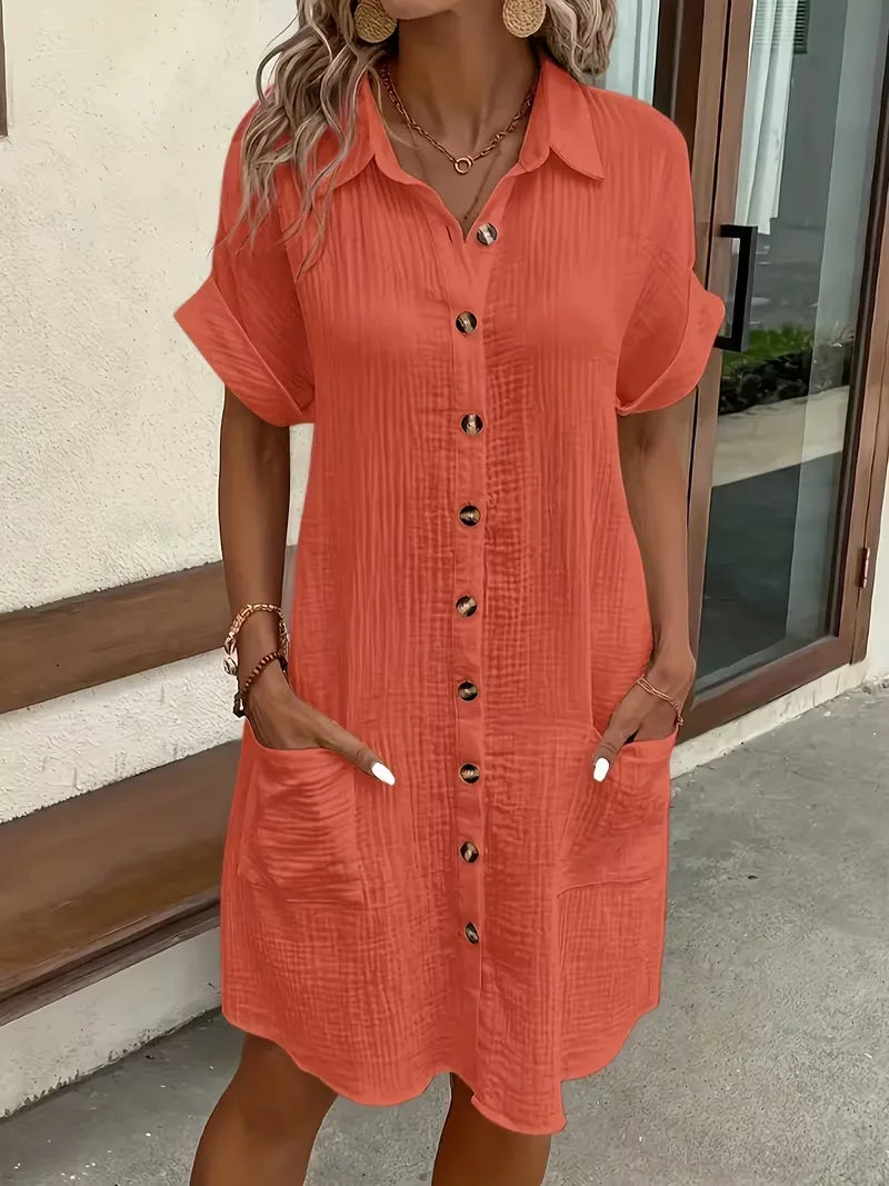 Shirt dress with V-neck and short sleeves