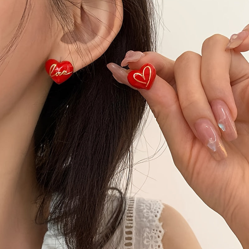Elena | Elegant Red Heart & Letter Asymmetrical Earrings