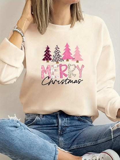 Elin | Cosy Christmas Jumper with Christmas Tree Pattern and "Merry Christmas" Print