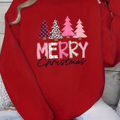 Elin | Cosy Christmas Jumper with Christmas Tree Pattern and "Merry Christmas" Print