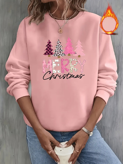 Elin | Cosy Christmas Jumper with Christmas Tree Pattern and "Merry Christmas" Print