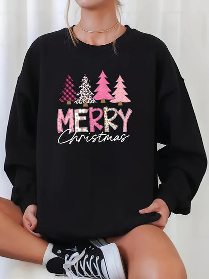 Elin | Cosy Christmas Jumper with Christmas Tree Pattern and "Merry Christmas" Print
