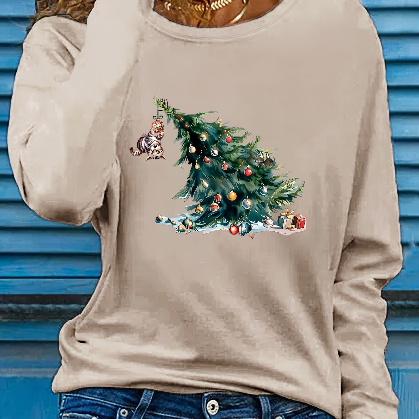 Elise | Festive Christmas Tree Print Long Sleeve T-Shirt