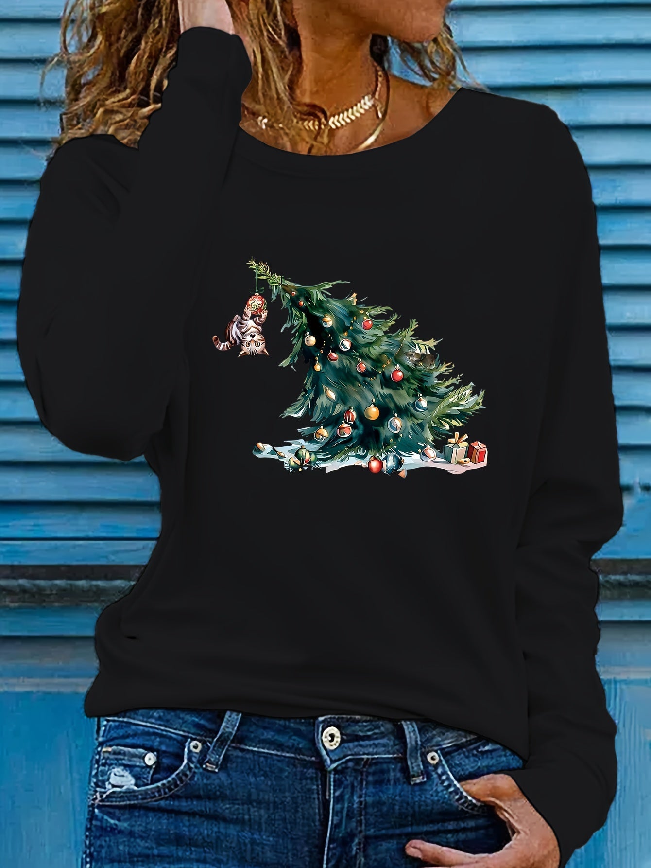 Elise | Festive Christmas Tree Print Long Sleeve T-Shirt