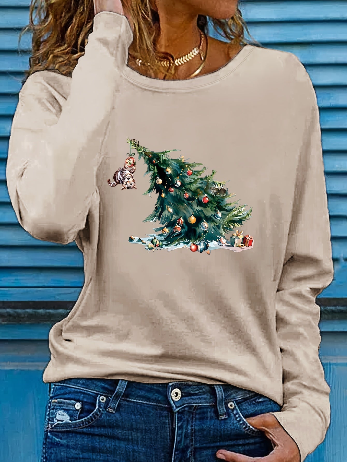 Elise | Festive Christmas Tree Print Long Sleeve T-Shirt