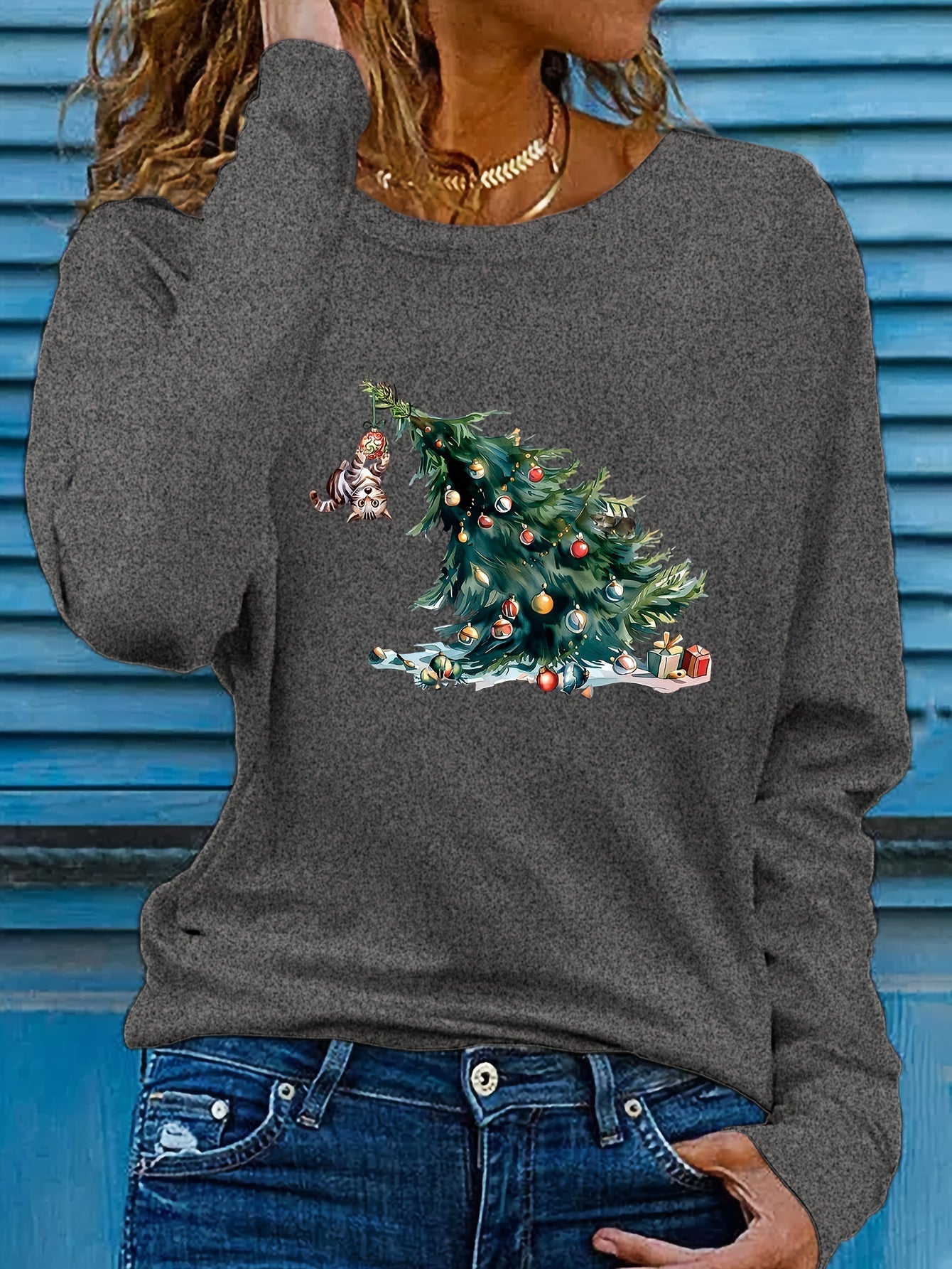 Elise | Festive Christmas Tree Print Long Sleeve T-Shirt