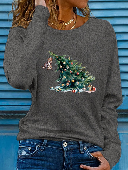 Elise | Festive Christmas Tree Print Long Sleeve T-Shirt