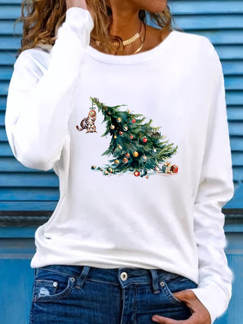 Elise | Festive Christmas Tree Print Long Sleeve T-Shirt