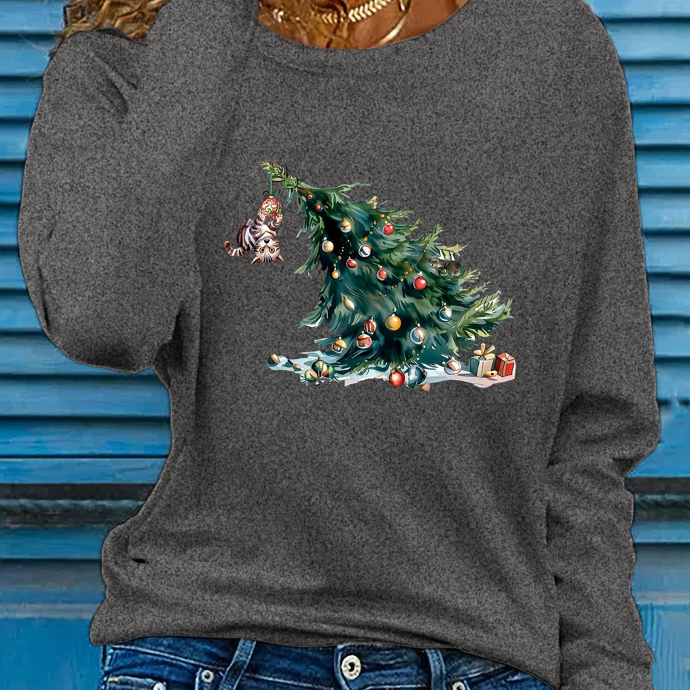Elise | Festive Christmas Tree Print Long Sleeve T-Shirt