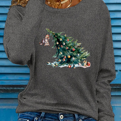 Elise | Festive Christmas Tree Print Long Sleeve T-Shirt