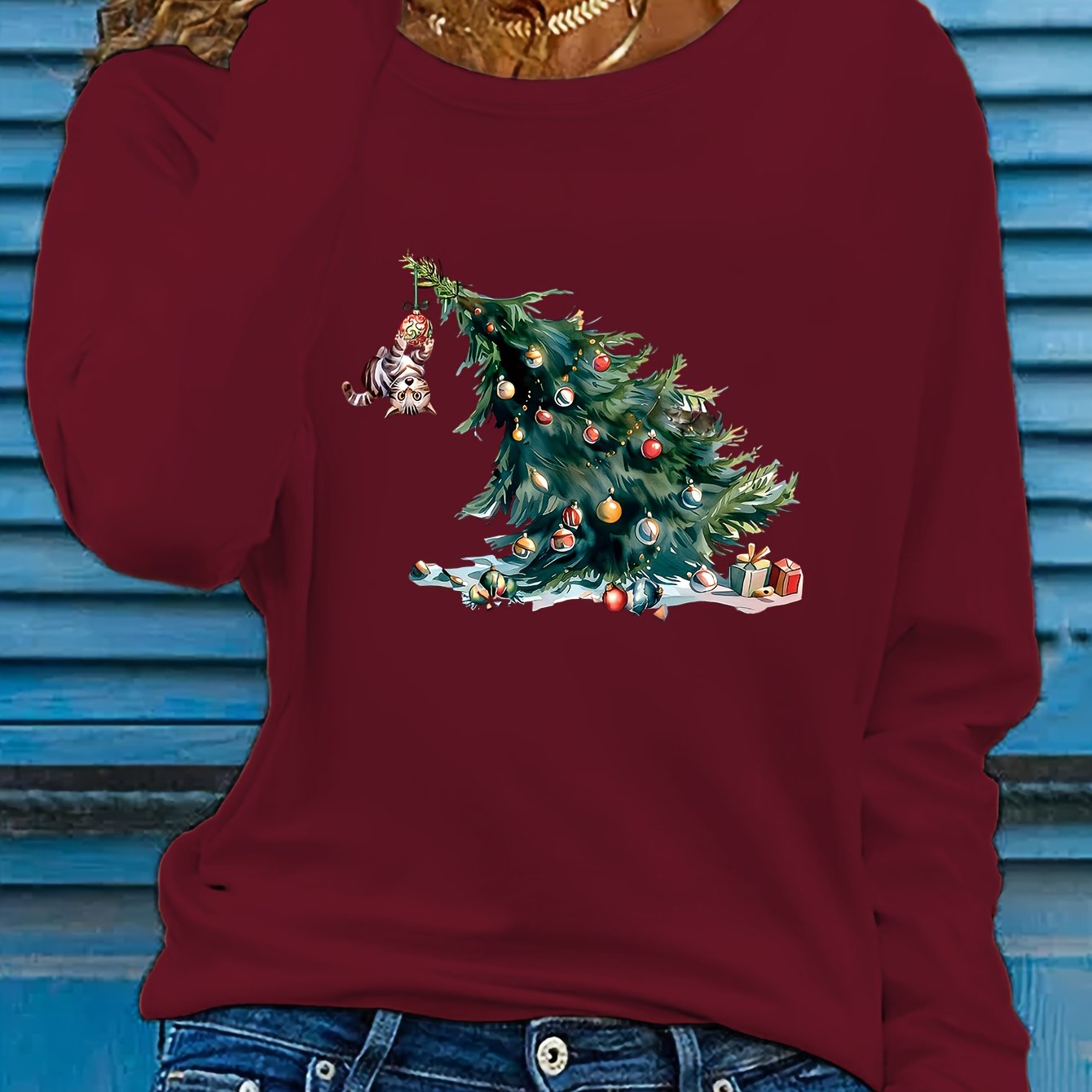 Elise | Festive Christmas Tree Print Long Sleeve T-Shirt