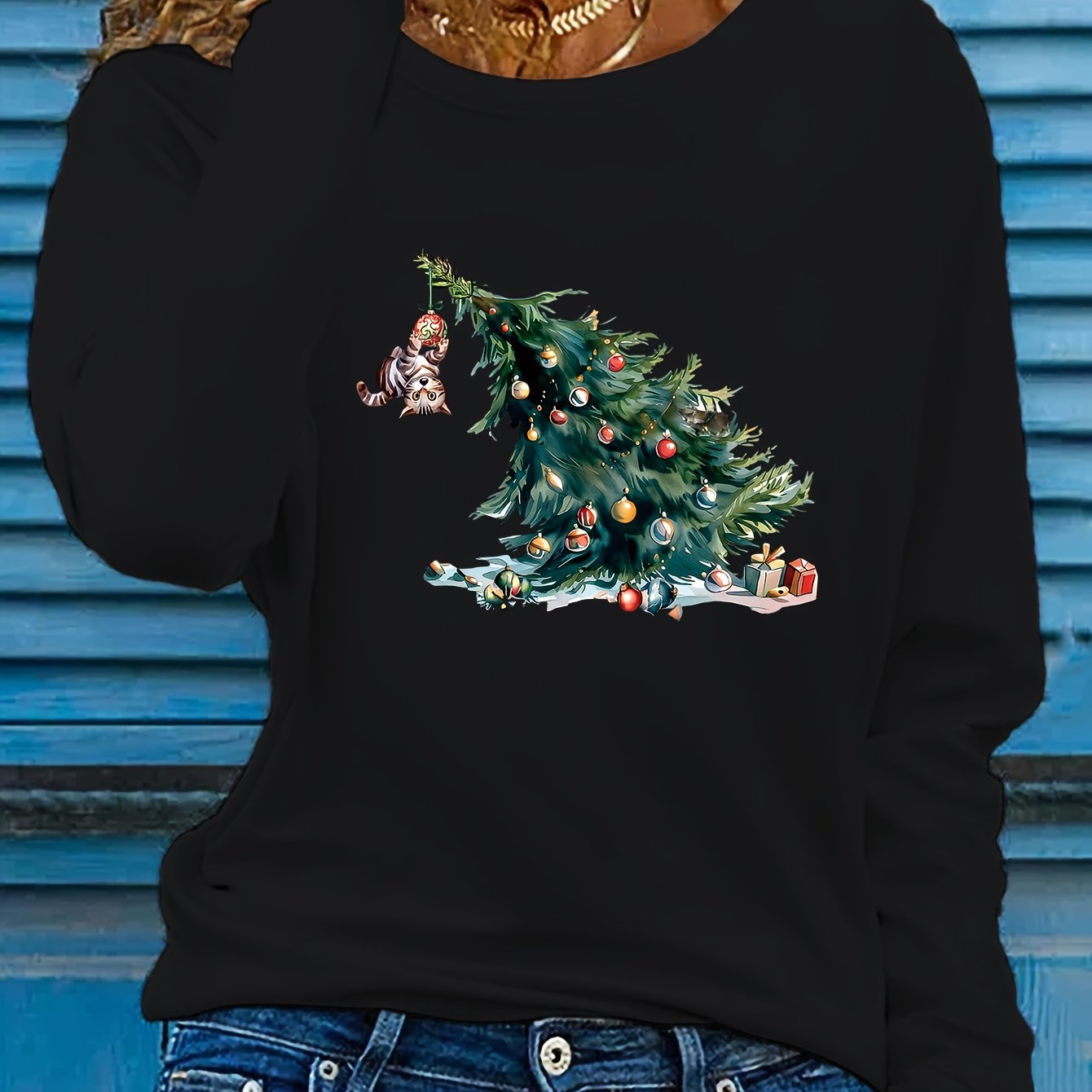 Elise | Festive Christmas Tree Print Long Sleeve T-Shirt