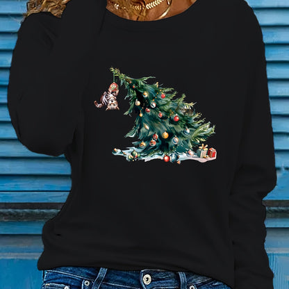 Elise | Festive Christmas Tree Print Long Sleeve T-Shirt